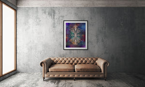 Beige sofa in a room with a colorful abstract painting on the wall.